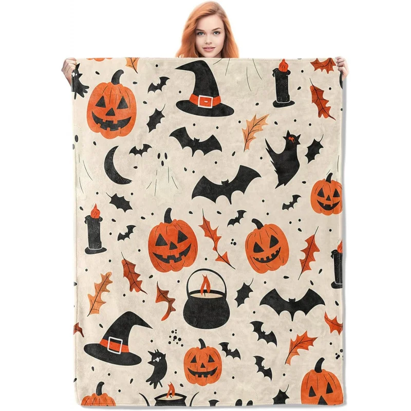 

Horror Halloween Celebration Wool Carpet, Ghost Pumpkin Bat Pattern, 60x50 inch Soft Halloween Throwing Gift, Beautiful Decorati