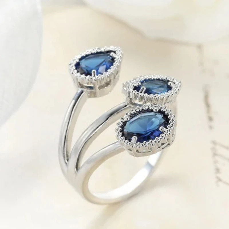 

Classic 925 Sterling Silver High Quality Clear Blue Sparking Zircon Geometric Stackable Opening Rings for Women Wedding Jewelry