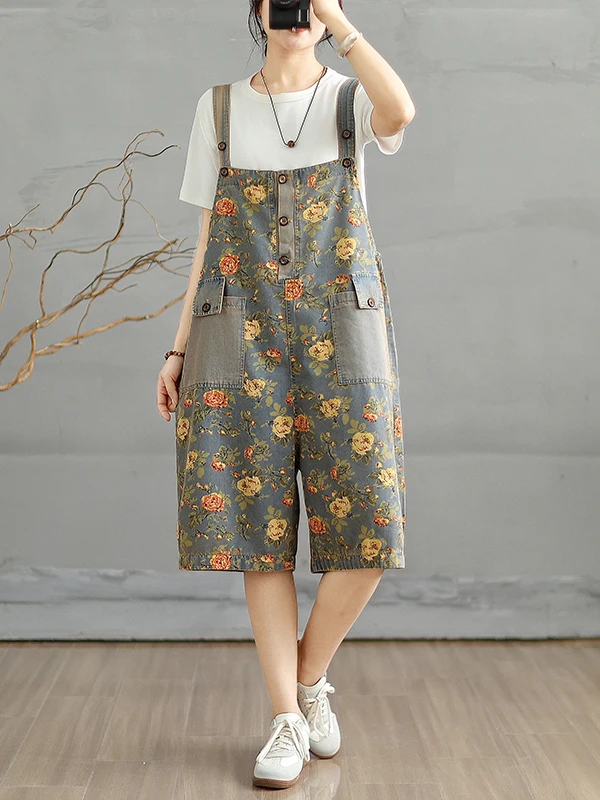 

Retro Faionable Loose Denim Overalls Women's Summer Anti-Aging Strap Jumpsuit Wide Leg Seven-Foot Pants Printed