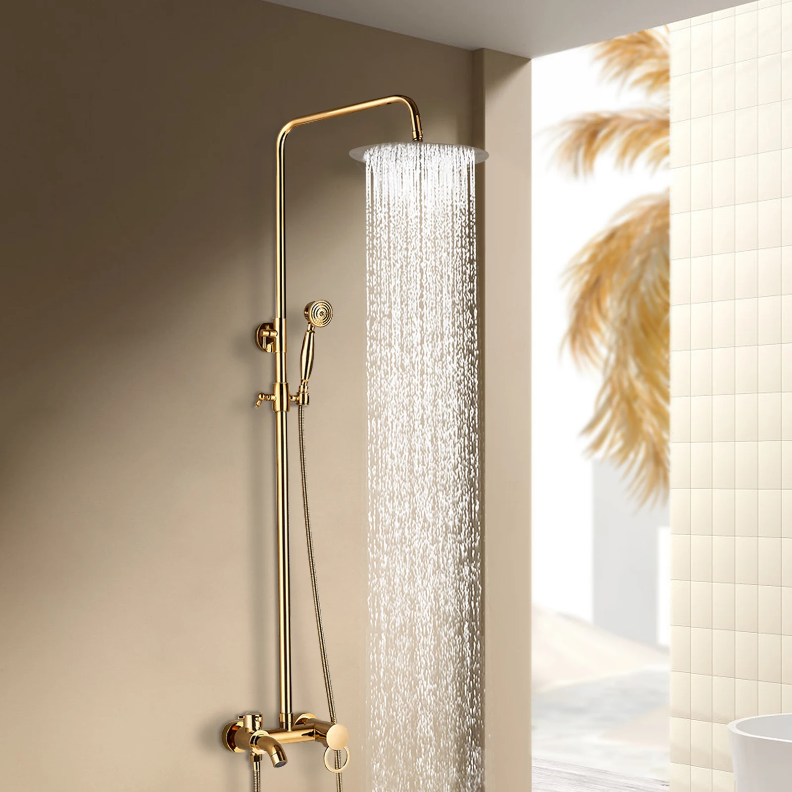 Golden Faucet Wall-Mount Brushed Bathroom Shower Faucet System Durable Shower Faucet Set Gold