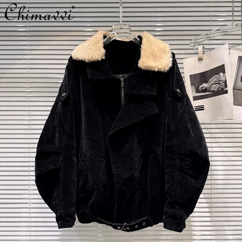 2025 Winter New American Retro Fleece Turn-down Collar Suede Warm Loose Cotton Jacket Fashion Long Sleeve Elegant Cotton Coat