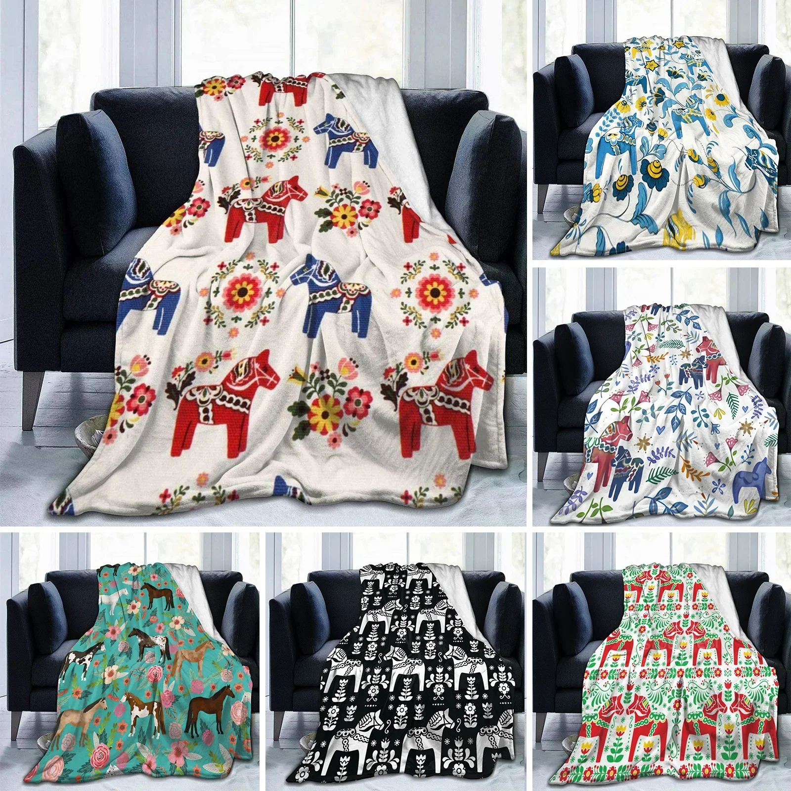 Flannel Fleece Throw Blanket for Couch, Floral Swedish Dala Horses Lightweight Plush Fuzzy Cozy Soft Blankets Throws Bed Sofa