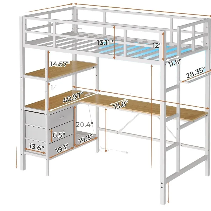 Loft bed single bed under table combination  desk with light strip power strip