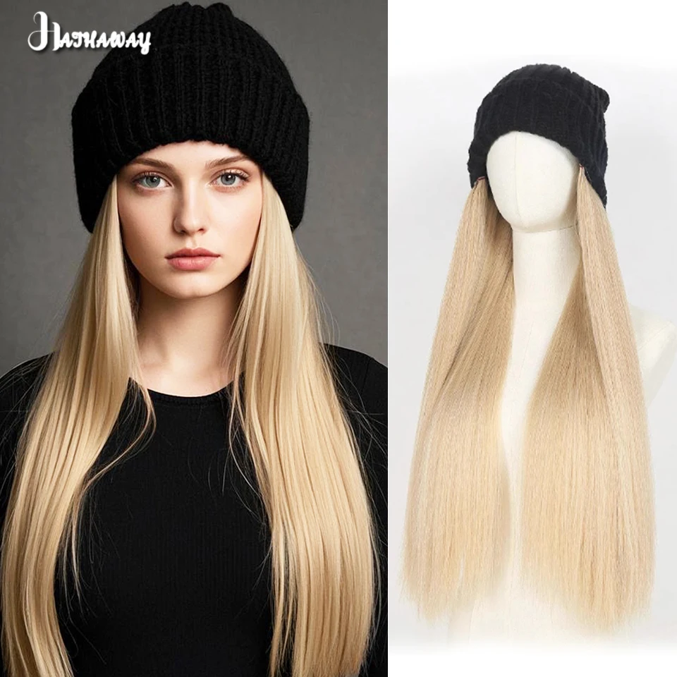 33 Inch Black Knit Hat Light Gold Long Straight Hair Ladies Synthetic Wig To Keep Warm Winter Wig Hat Integrated Knit Hat Wig