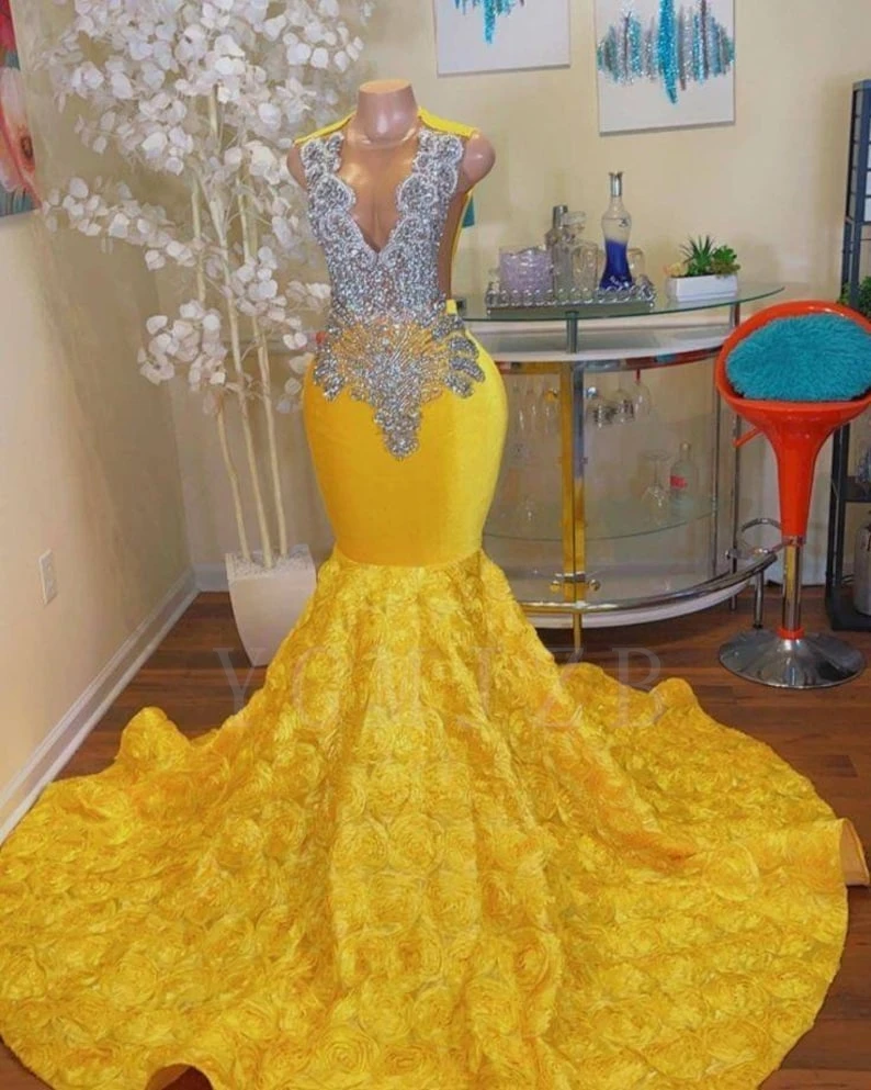 Yellow Long Mermaid Prom Dresses 2025 for Black Girls Rhinestone Beaded 3D Folwer Formal Party Gown Graduation Special Occasions