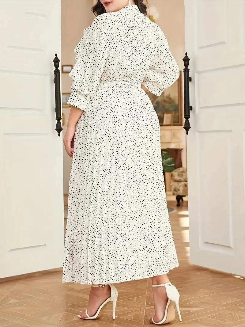 GIBSIE Plus Size Polka Dot Ruffle Trim Elegancka sukienka damska Wiosna Jesień Mock Neck 3/4 Rękaw Wysoka talia A-line Maxi Długie sukienki