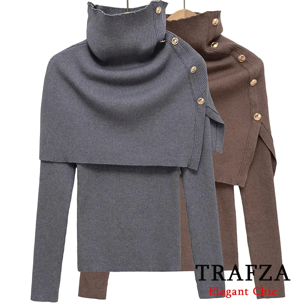 

KONDALA Women Gray Brown Chic Sweater Button Turtlneck Long Sleeve Sweater 2025 New Fashion Spring Autumn High Street Sweater