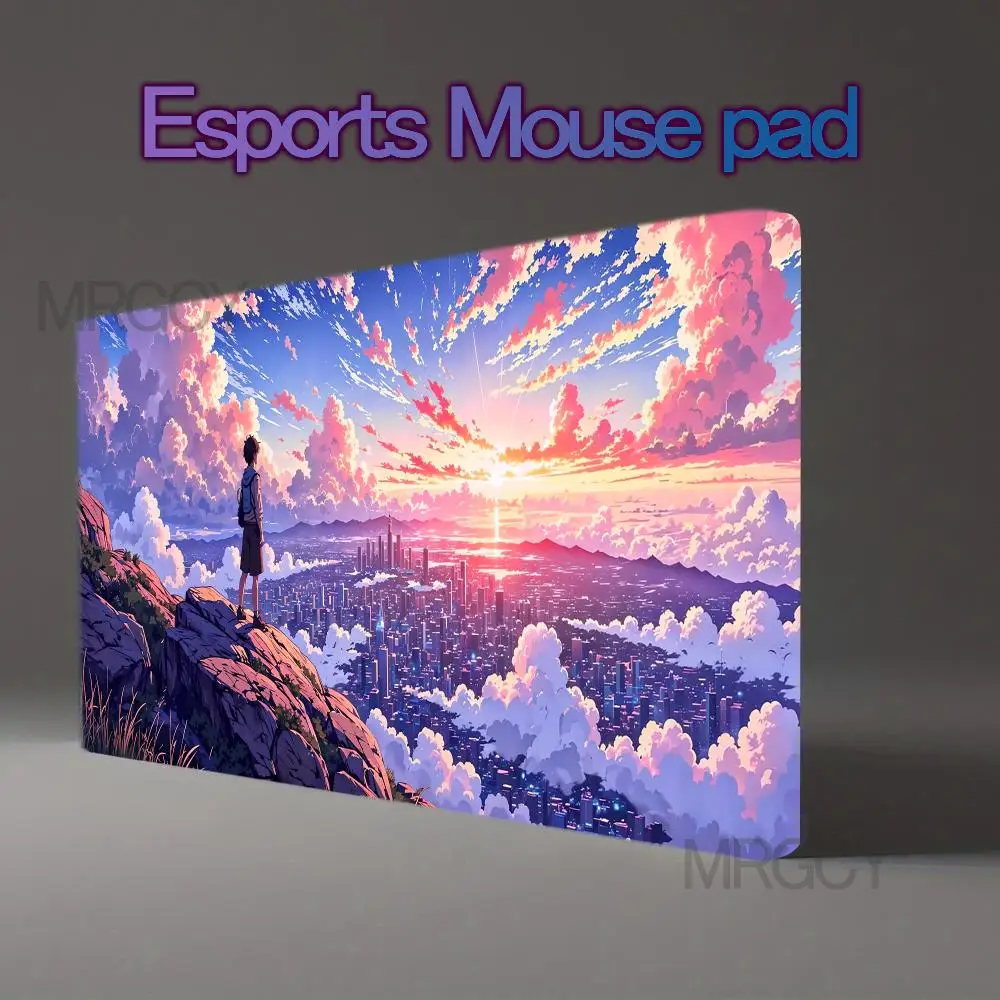 Anime Boy Cliff Over City Sea of Clouds Large Gaming Mouse Pad Sunset Anime Landscape Desk Mat alfombrillas gaming
