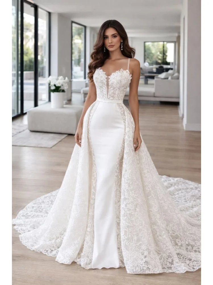 Custom Spaghetti Strap Lace Mermaid Wedding Dress Detachable Oversized Lace Over Skirt 2 In 1 Chapel Train Luxury Bridal Gown