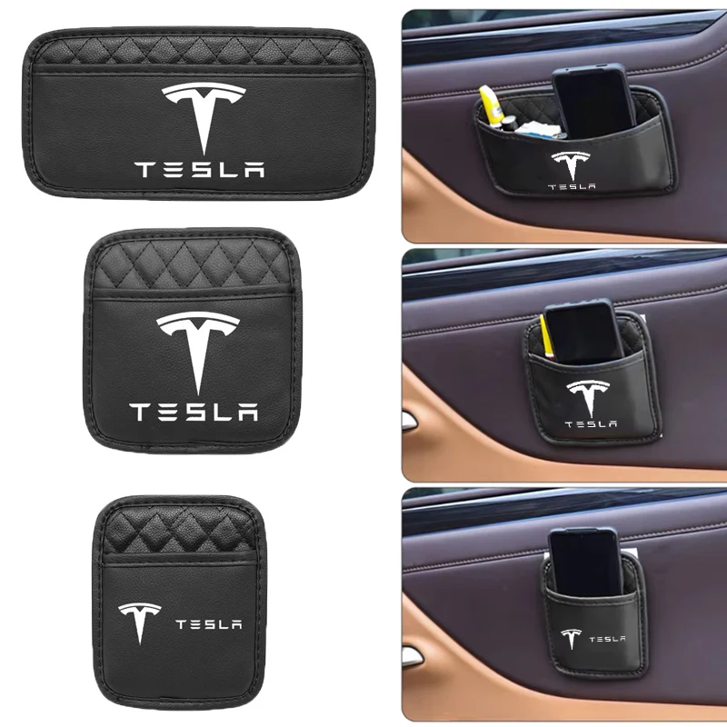 Car Logo Badge Leather Seat Back Storage Multi-Pocket For Model 3 Model S X Model Y Universal Auto Organizer Sticker Accessories