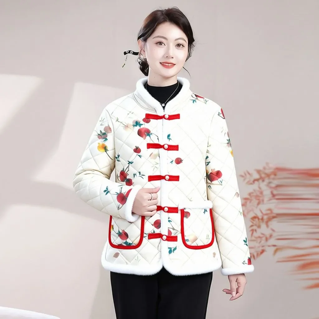 

Autumn Winter New Chinese Cotton Clothes Women's Overcoat Fashion Loose Printing Plus Velvet Cotton-padded Coat Thick Warm Parka