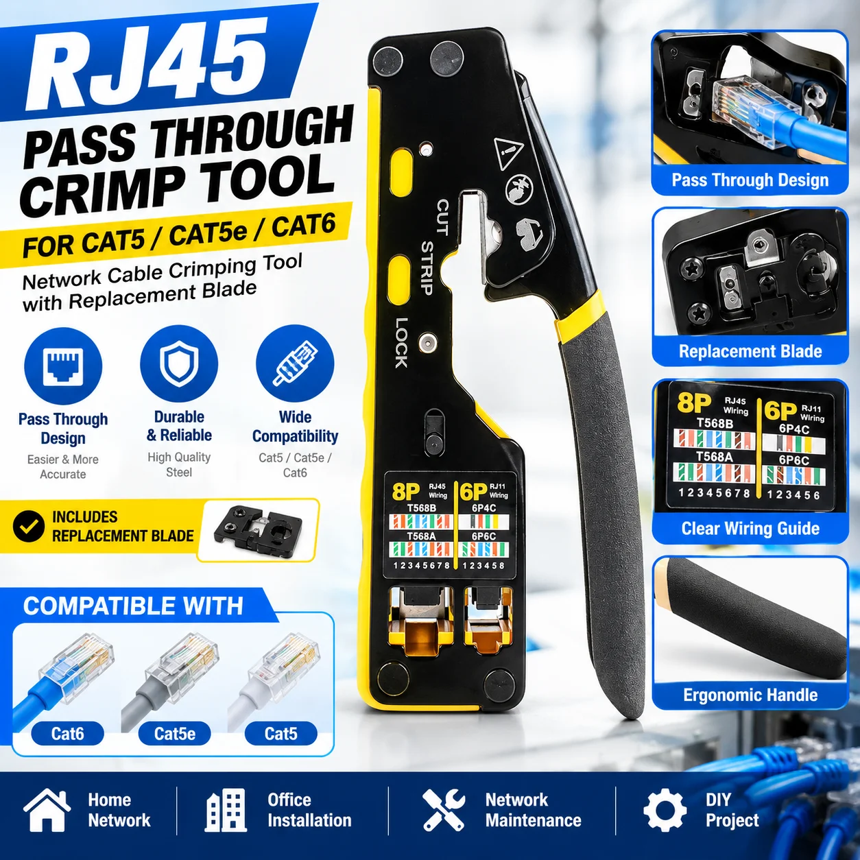 RJ45 Crimp Tool Pass Through Ethernet Crimper for Cat5 Cat5e Cat6 RJ45 Connectors with Replacement Blade Network Cable Repair To