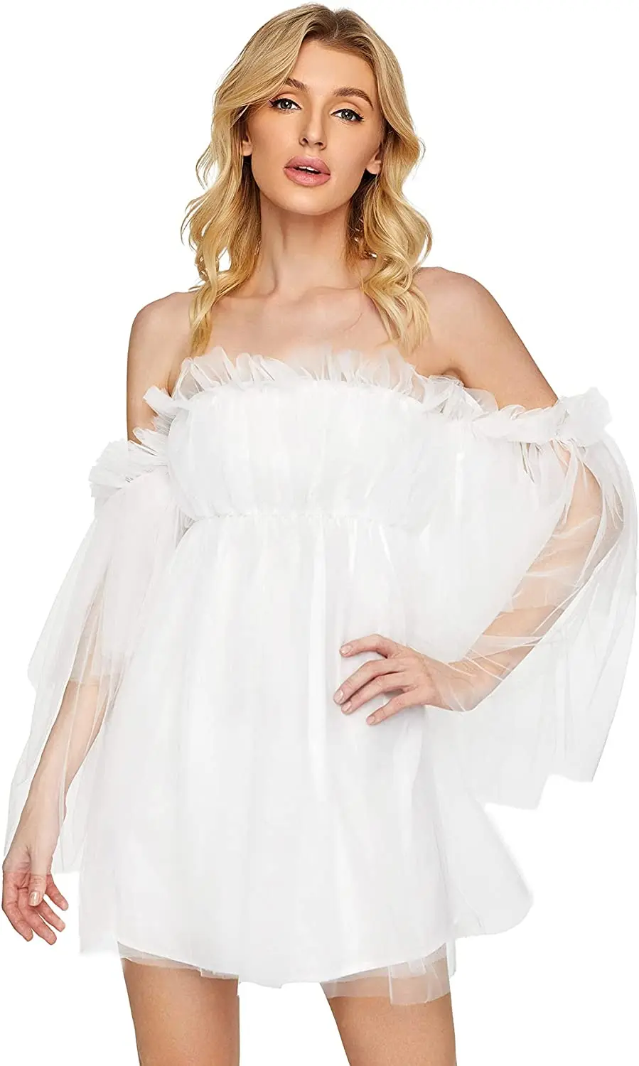 

NEW S-5XL Women's Romantic Off Shoulder Flounce Long Sleeve Wedding Ruffle Mesh Party Mini Dress