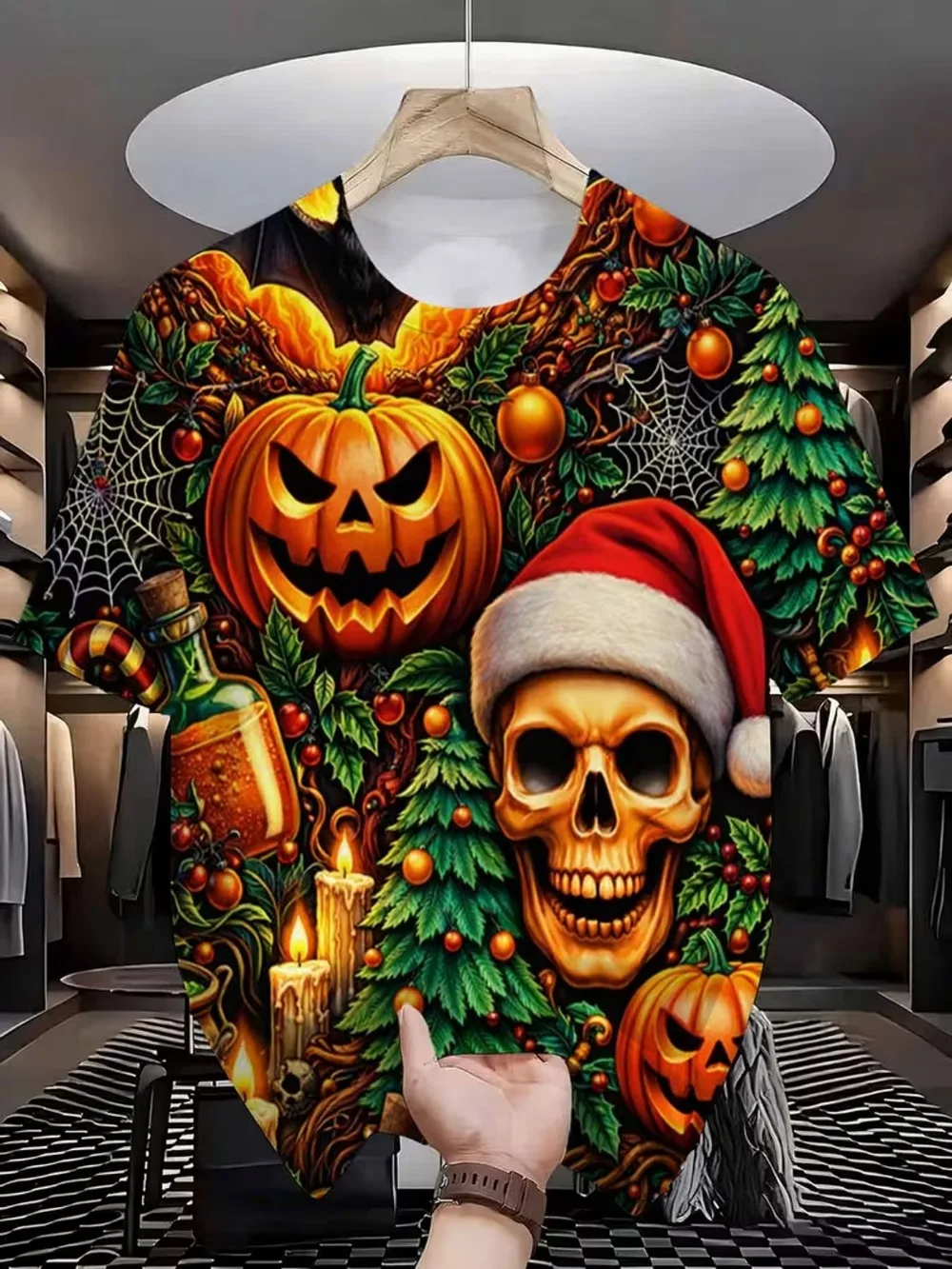 Bold Clash‑Theme Graphic T‑Shirt Christmas Santa Hat Skull Jack‑o'‑lantern Spiderweb 3D Printed Edgy Streetwear Short Sleeve Tee