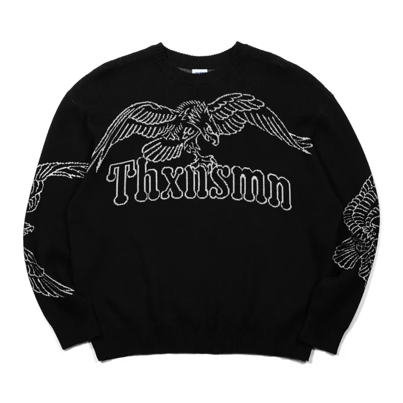 

Новый ретро-свитер в стиле хип-хоп с вышивкой орла, повседневный модный пуловер для мужчин, американский стиль Харадзюку, темный, свободный, визуально стройнящий, вязаный.