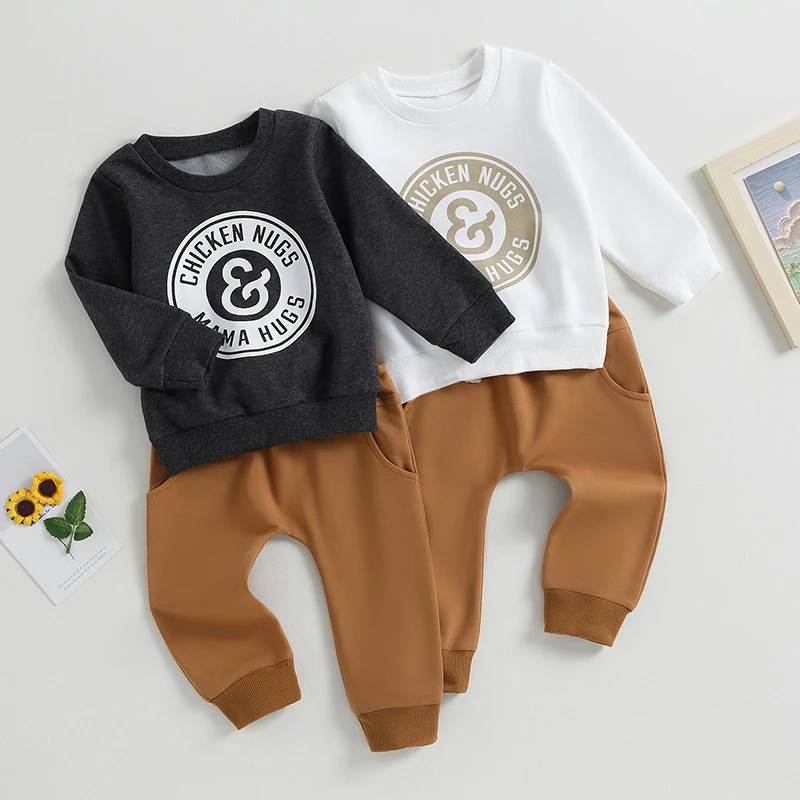 

2023-05-31 Lioraitiin 0-3Years Toddler Boys 2PCS Autumn Sets Long Sleeve O Neck Letter Print Tops Drawstring Pants Sets