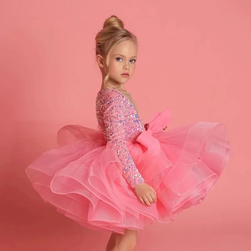 Bebê menina princesa lantejoulas tutu vestido de manga longa personalização criança arco vestido festa aniversário natal roupas de bebê 1-14y