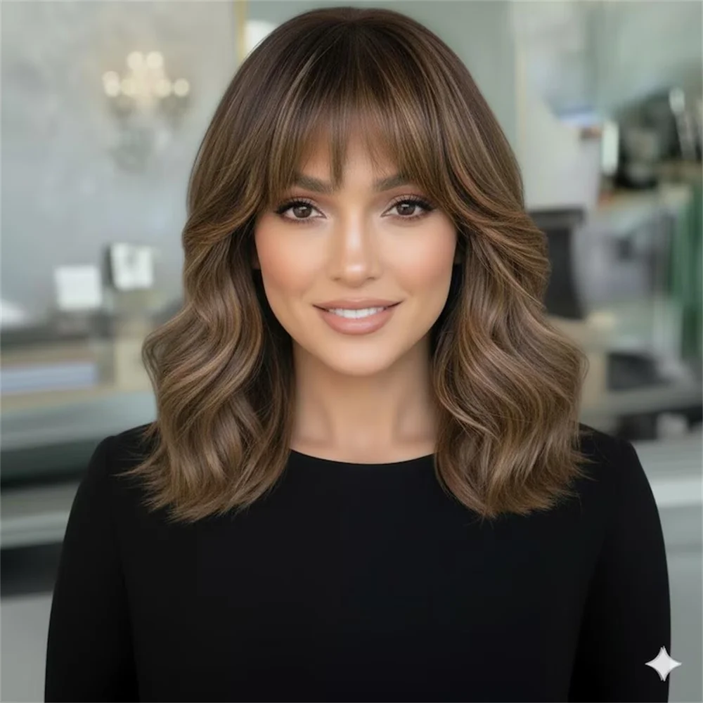 

Short Balayage Wig with Bangs Chocolate Brown Ombre Flirty Waves 16" Lightweight Synthetic HD Lace Wig for Women Easy to Wear
