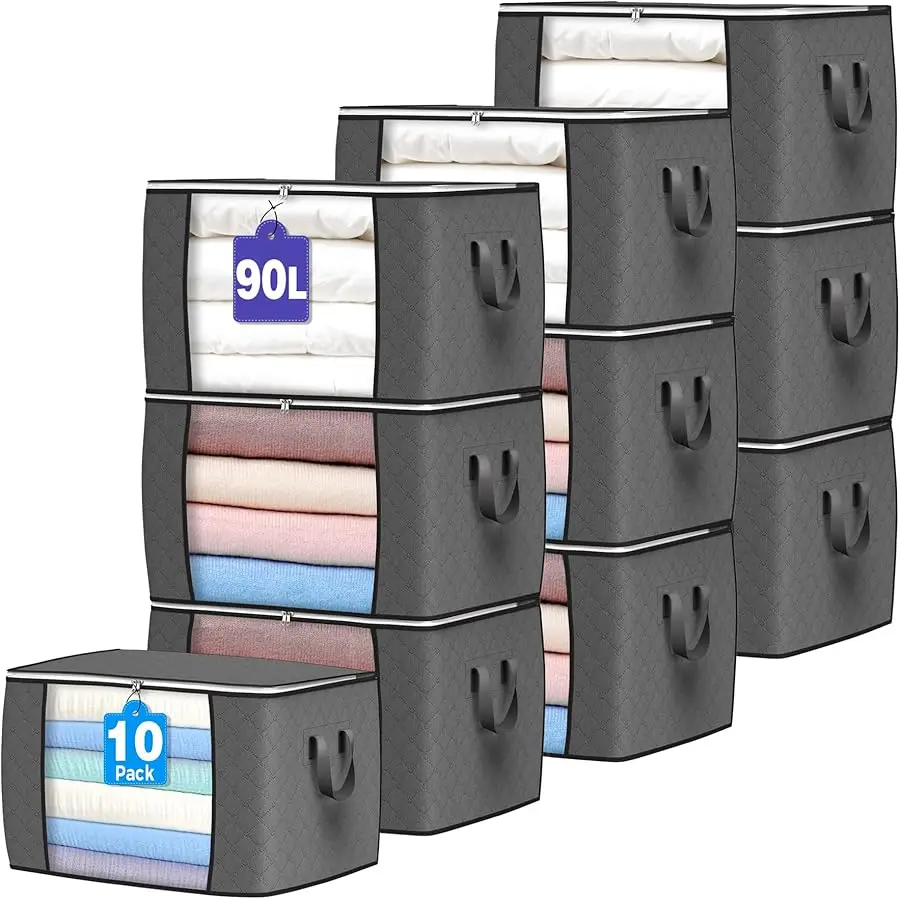 

90 L Large Storage Bags, 10 Pack Clothes Storage Bins Foldable Closet Organizers Storage Containers with Reinforced Handle for C