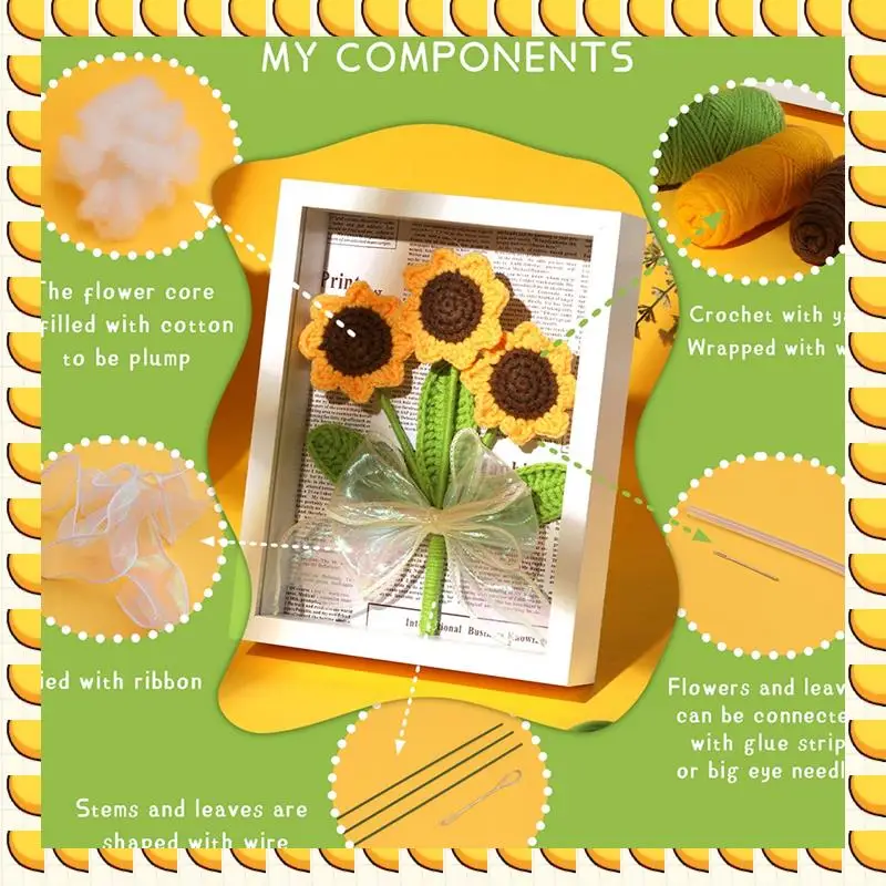 BAAU Kit de ganchillo de girasol DIY con agujas de hilo de tejer muñeco de peluche fácil (viene con marco de fotos)