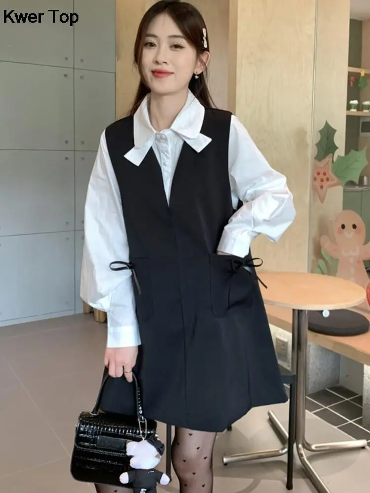 Woman Casual Black Short Dresses 2 Piece Set Spring Elegant Long Sleeve White Shirt Outfits Korean Loose Female Clothes Suit