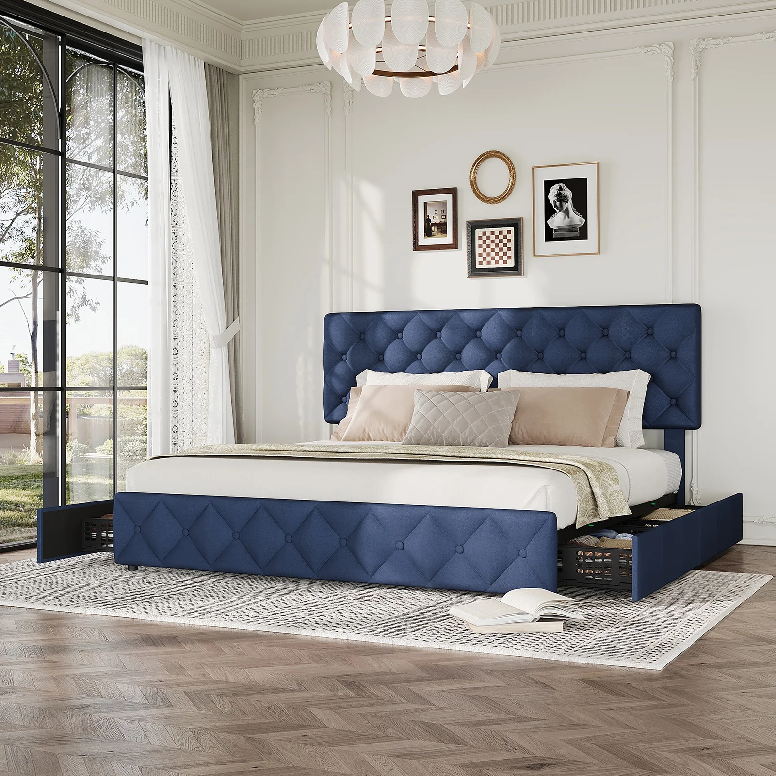 Upholstered Platform Bed Frame with 4 Storage Drawers - Button-Tufted Headboard, Diamond-Stitched Linen Upholstery, Wooden Slat Support, No Box Spring Needed - Queen/Full - Dark Grey/Beige