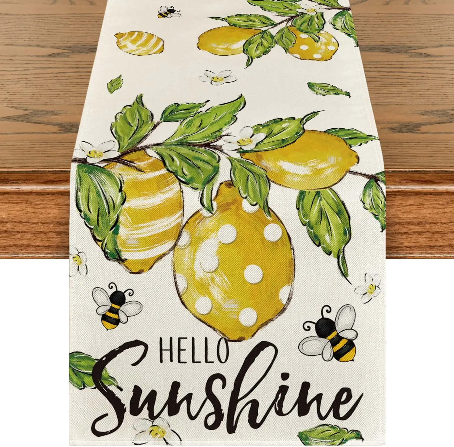 Summer Lemon Bee Leaves Hello Sunshine Linen Table Runner Seasonal Spring Kitchen Dining Table Decor Holiday Wedding Party Decor