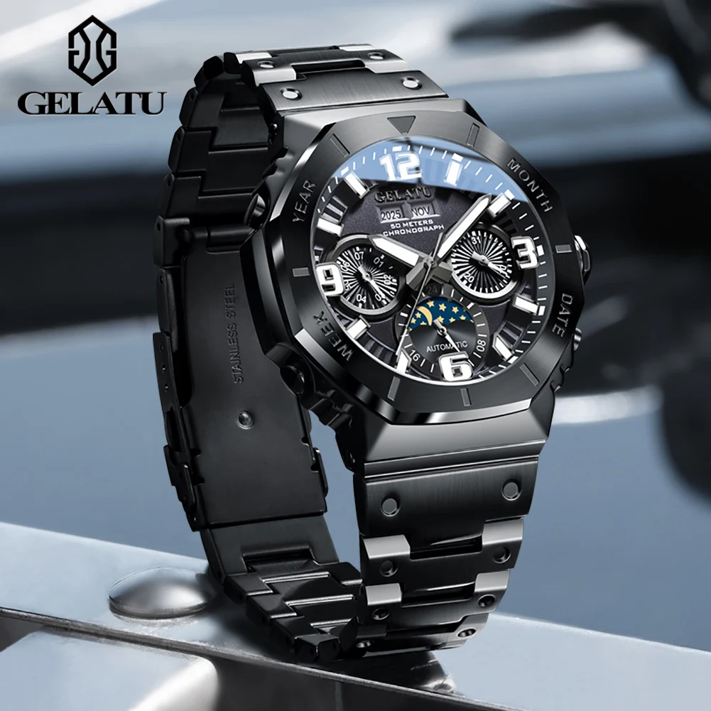 GELATU 6030 Luxury Mens Watch High Quality Perpetual Calendar Automatic Mechanical Watch﻿ Moon Phase Watches For Man Gift Box