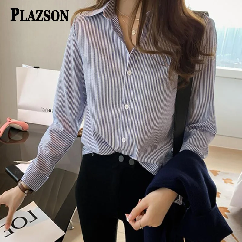 PLAZSON Classic Striped camisas Blouse Shirts for Women Spring Autumn blusas Polo-neck Long Sleeve Fashion Office Shirt Tops