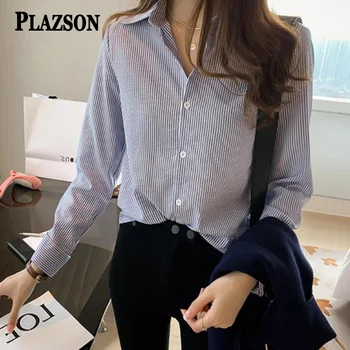 PLAZSON 여성용 클래식 스트라이프 캐미사 블라우스 셔츠, 폴로 넥 긴팔, 오피스 셔츠 상의, 용수철 가을 패션 