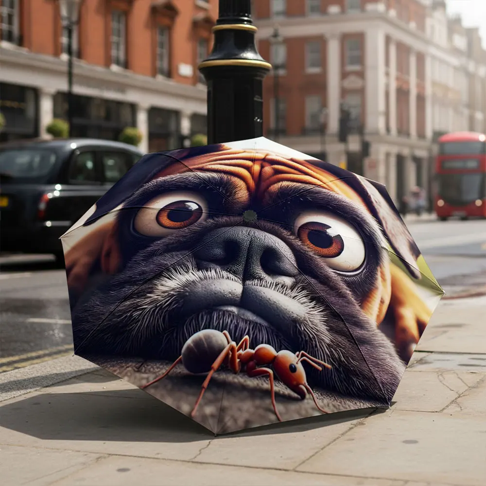 1P C Dog and Ant Illustration on Umbrella Print 8 Iron Ribs Folding Umbrella Auto-Open Fashion Sunshade