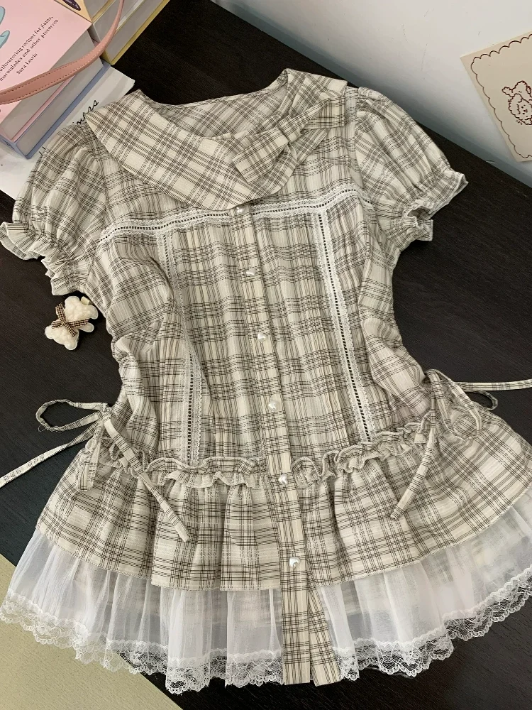 American Retro Style Puff Sleeve Doll Collar Plaid Y2k Shirt Women Summer Elegant Lace Trim Slim Tops Female Streetwear Blouses