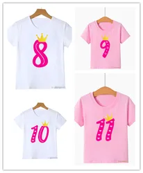 2-11th Girls Crown Birthday Number Print Girls Birthday T-Shirts Fashion Toddler Tshirts Cute Clothes For Kids Short Sleeve Tops