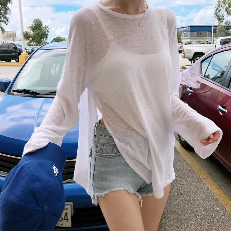 Sexy Long Sleeve Cover Up See Through Top Mesh Sheer Tunic Beach Cover-Ups Beach Dress Women Beach Wear Female Swimwear Bikini