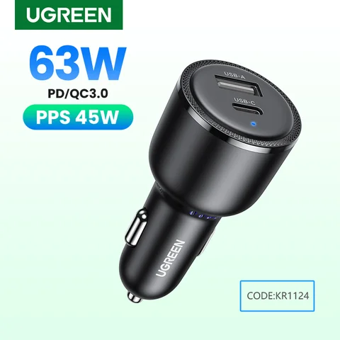 Nuevo en UGREEN 63W cargador de coche PD QC 3,0 PPS 45W USB tipo C carga rápida para iPhone 17 16 Samsung Xiaomi cargador de teléfono móvil