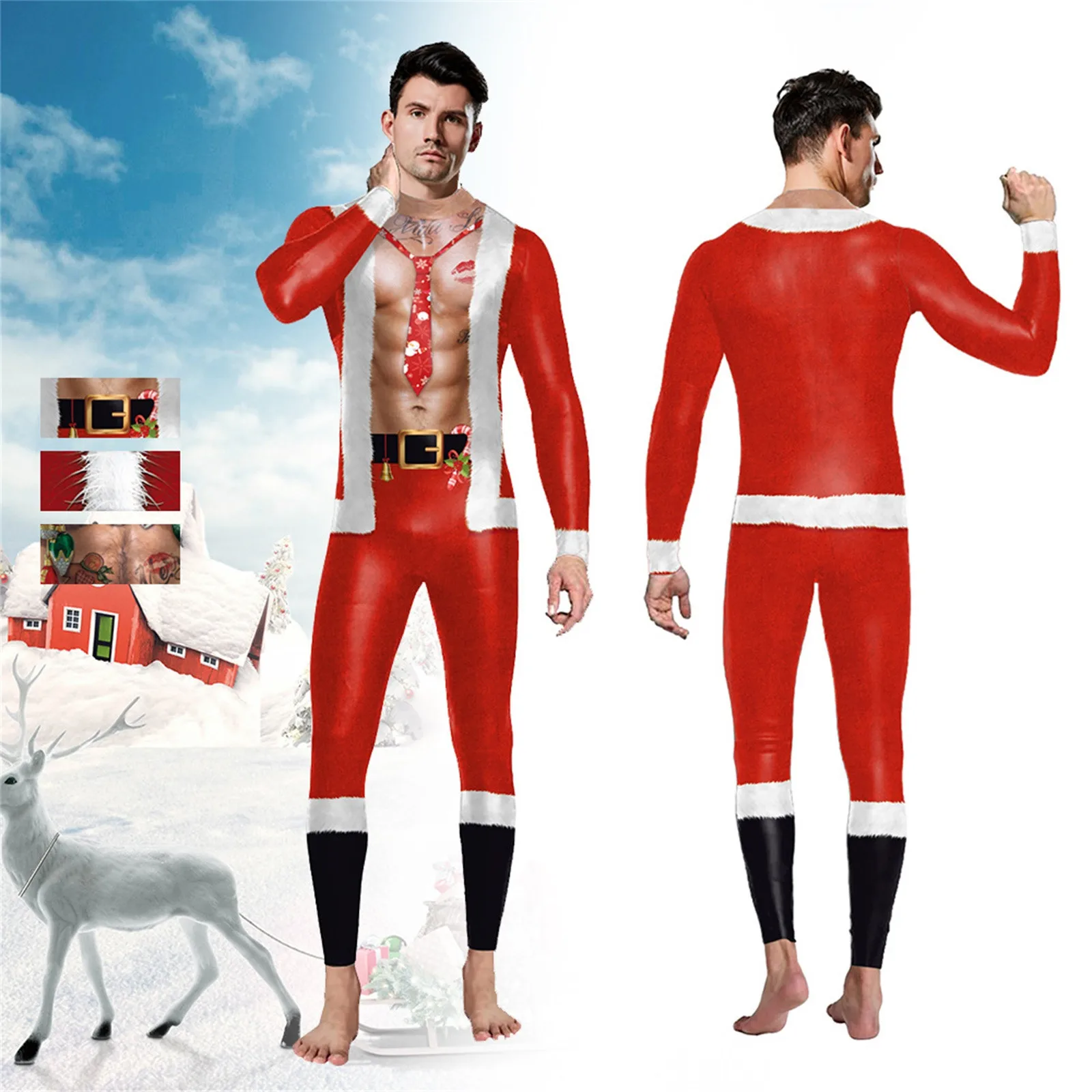 

2024 New Chirstmas Women Men Costume Sexy Printed Jumpsuit Muscle Zentai Bodysuit Holiday Party Suit Adult Xmas Gift Clothes