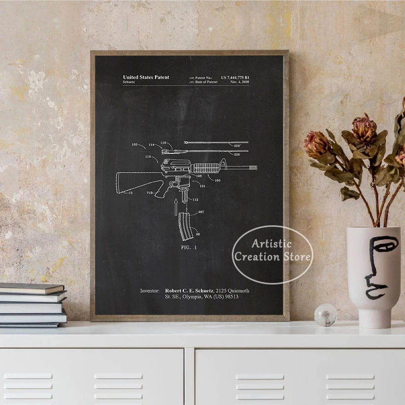 Gun New Patents Pistol 1881 Patent Posters Vintage Black Gold Canvas Painting Print Patent Pictures Living Room Wall Home Decor