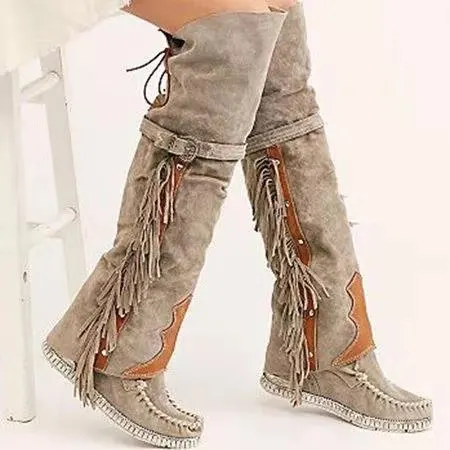 Botas bohemias hasta la rodilla para Mujer, Botas altas con personalidad étnica, Botas de ante sintético con borlas, Botas largas de fondo plano para Mujer