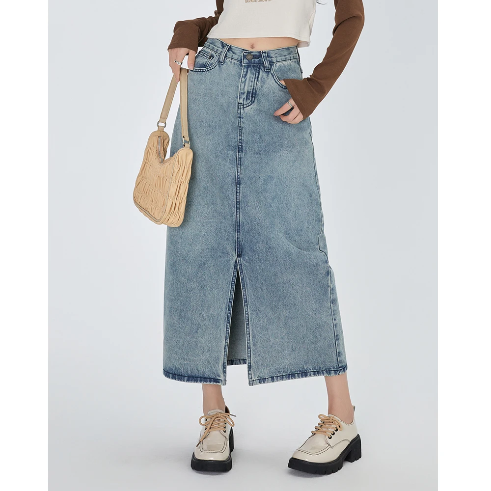 

ZHISILAO New Long Denim Skirt Women Vintage Classic Blue High Waist Straight Skirt 2023 Spring Summer 2023