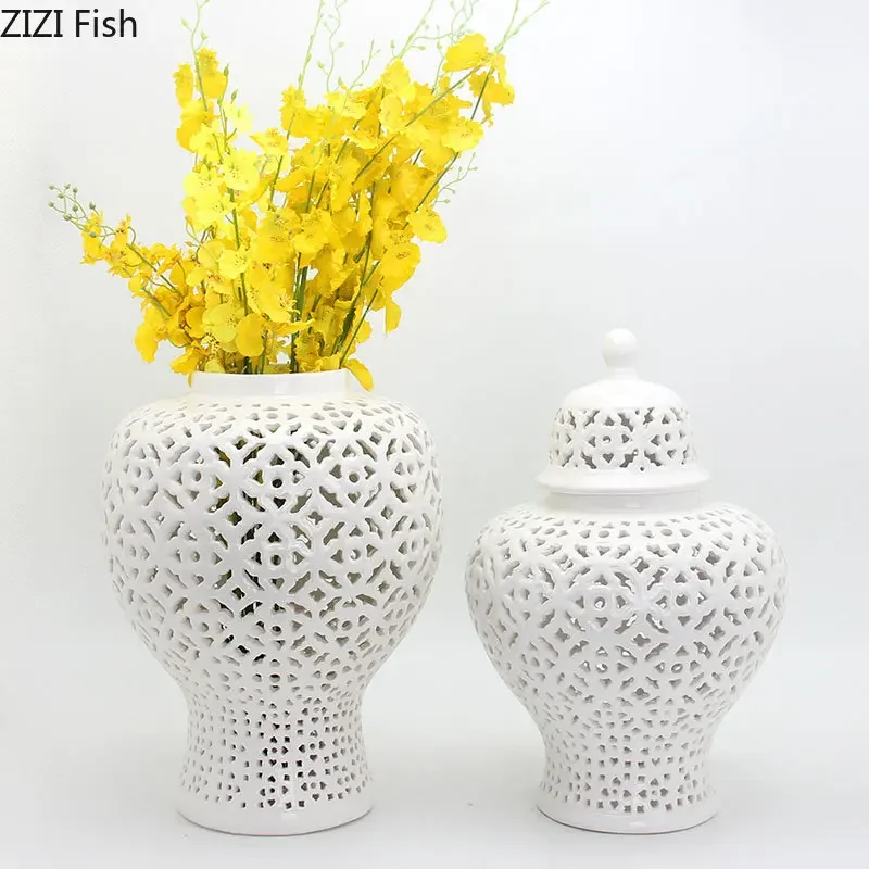 White Hollowed-out Ceramic General Tank Ginger Jar Jewelry Cosmetic Container Desk Decoration Flower Arrangement Floral Vases