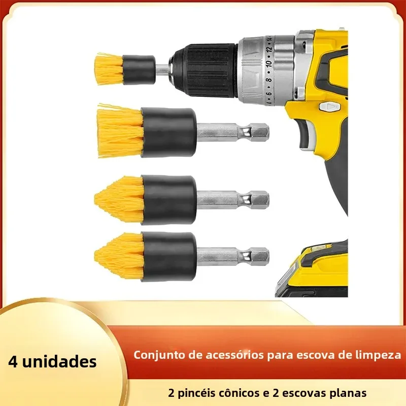Conjunto de fixação de escova de limpeza 4 peças com escova cônica e plana para broca sem fio telha grout broca conjunto de escova acessórios de broca