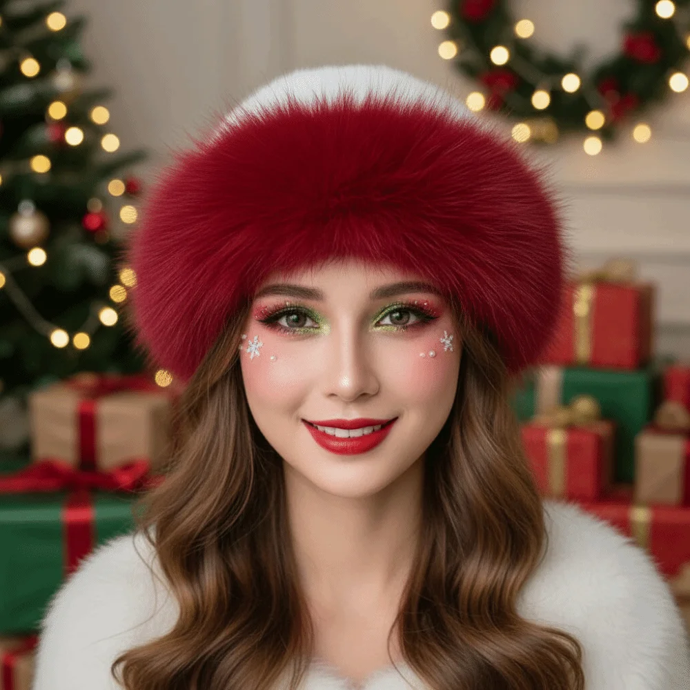 Faux Fur Christmas Fur Hat Thick Plush Fleece Lined Fluffy Trapper Cap Round Top Thermal Plush Bucket Hats Women