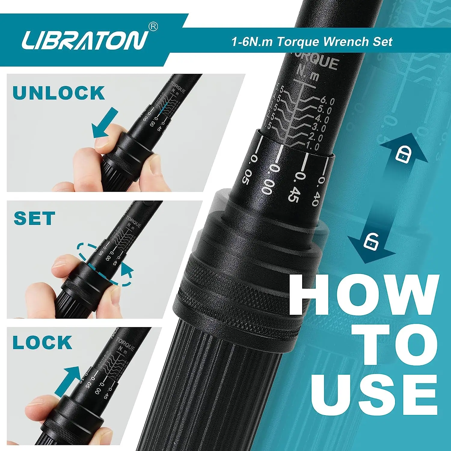 LIBRATON Bike Torque Wrench 1/4\'\',1-6Nm,0.05Nm Micro, Torque Wrench, Hex, Torx/Star Bit Sockets, Bicycle Maintenance Kit