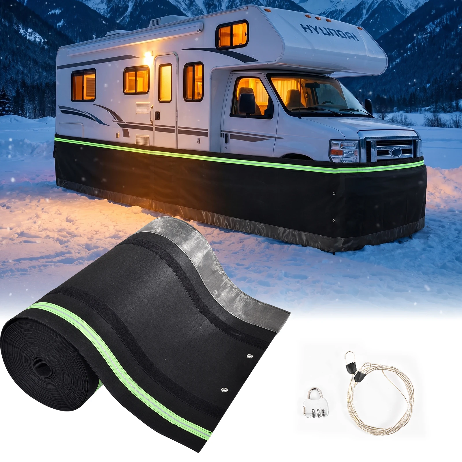 

2.6ft x 65.6ft RV Skirting, Heavy Duty Waterproof Snow Proof Camper Skirt – Winter Protection with Night Reflective Strips for Travel Trailers