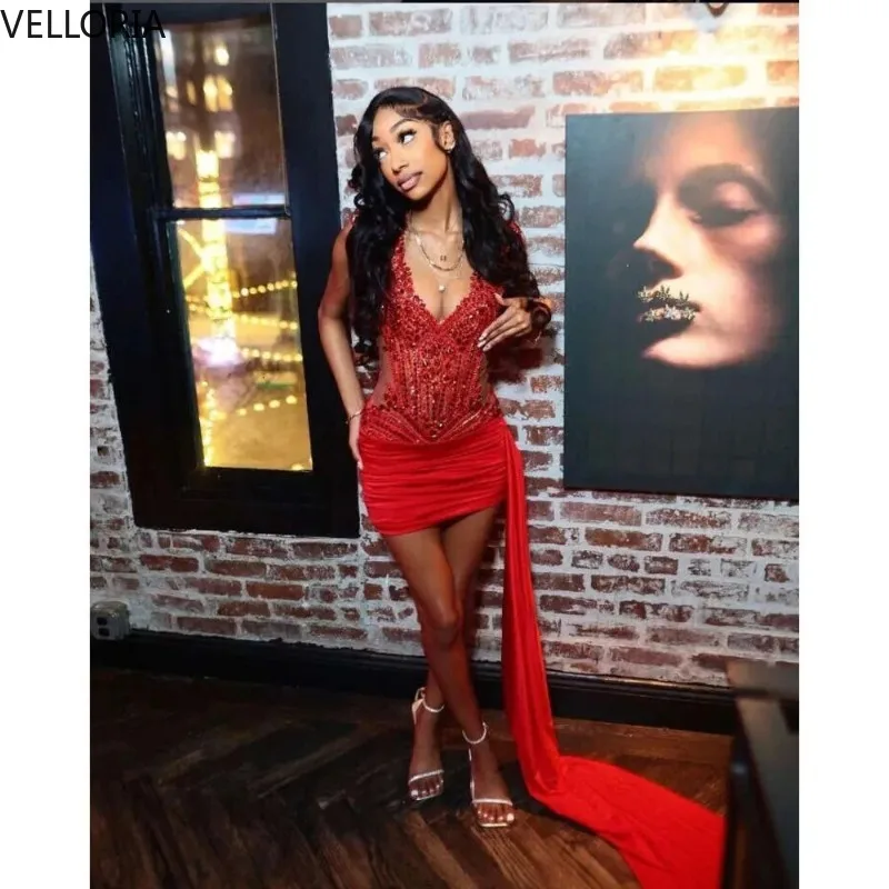 

Red Sequin Short Prom Dress V Neck Beaded Bodycon High Slit Side Satin Tail Homecoming Cocktail Gown Party Wear Women Customized