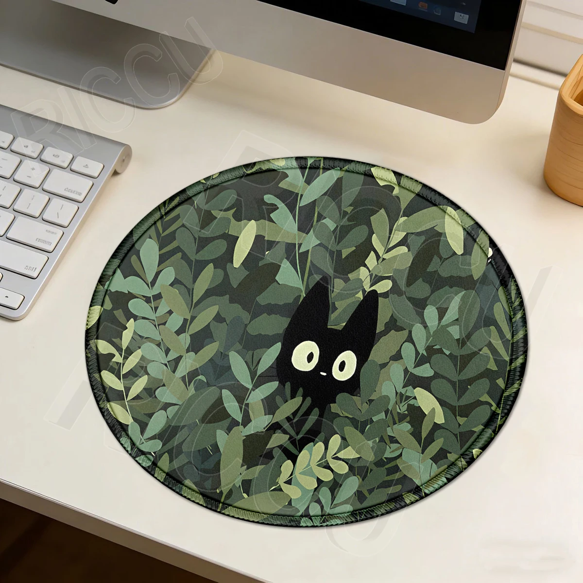 Round Mouse Pad Cute Black Cat Desk Pad Green Plant Rubber Mousepad Aesthetic Desk Accessory for Office Laptop Computer Tablepad