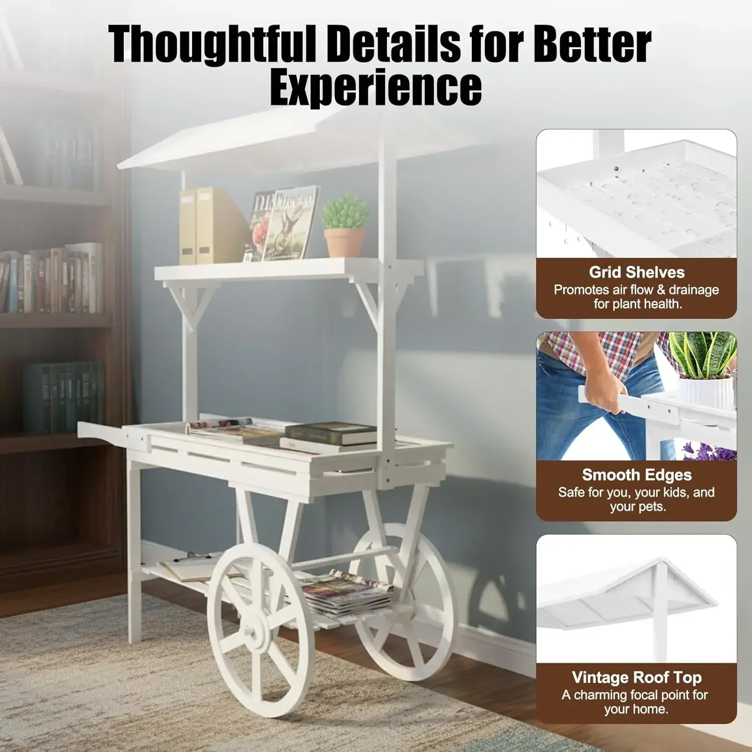 Candy Cart Display Stand, Flower Cart Stand with Wheels, Large Country Market Wooden Rolling Table Carts for Display Flower Cand