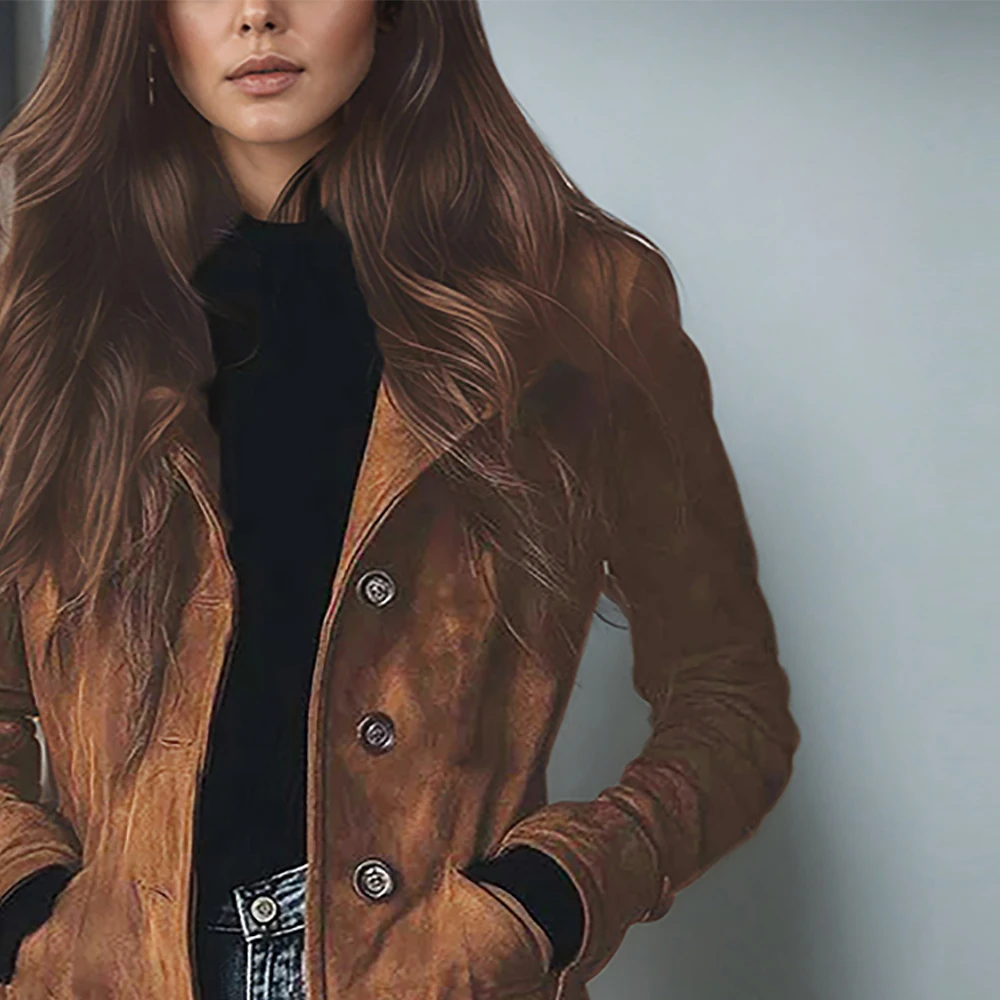 Elegant Suede Long Trench Women Coat Vintage Pocket Single Breasted Long Sleeve Outerwear Windbreaker Fall Outdoor Female Jacket