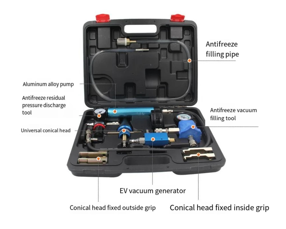 Professional Radiator Pressure Tester Kit and Vacuum Type Coolant Refilling Kit with Universal Rubber Radiator