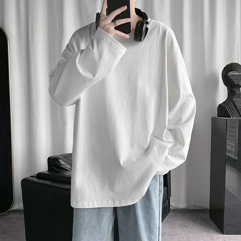 White Long Sleeve Casual T-shirt For Men Fit Base Layer Top Trendy Brand Ins Hong Kong Style Korean Version Versatile Color Top